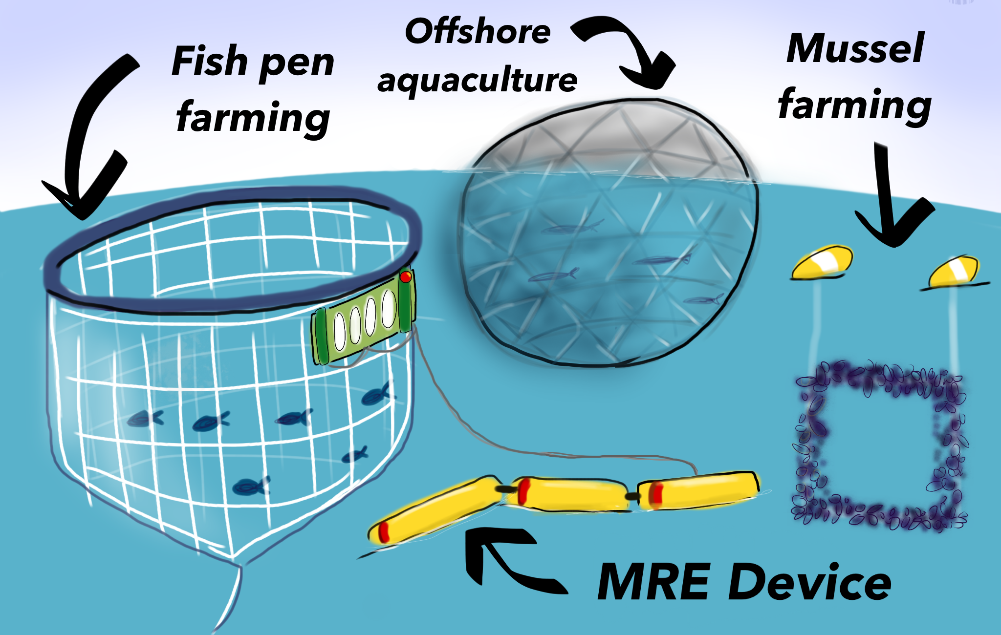 This image shows a wave energy converter providing power to various forms of offshore aquaculture, such as mussels and net pen farming