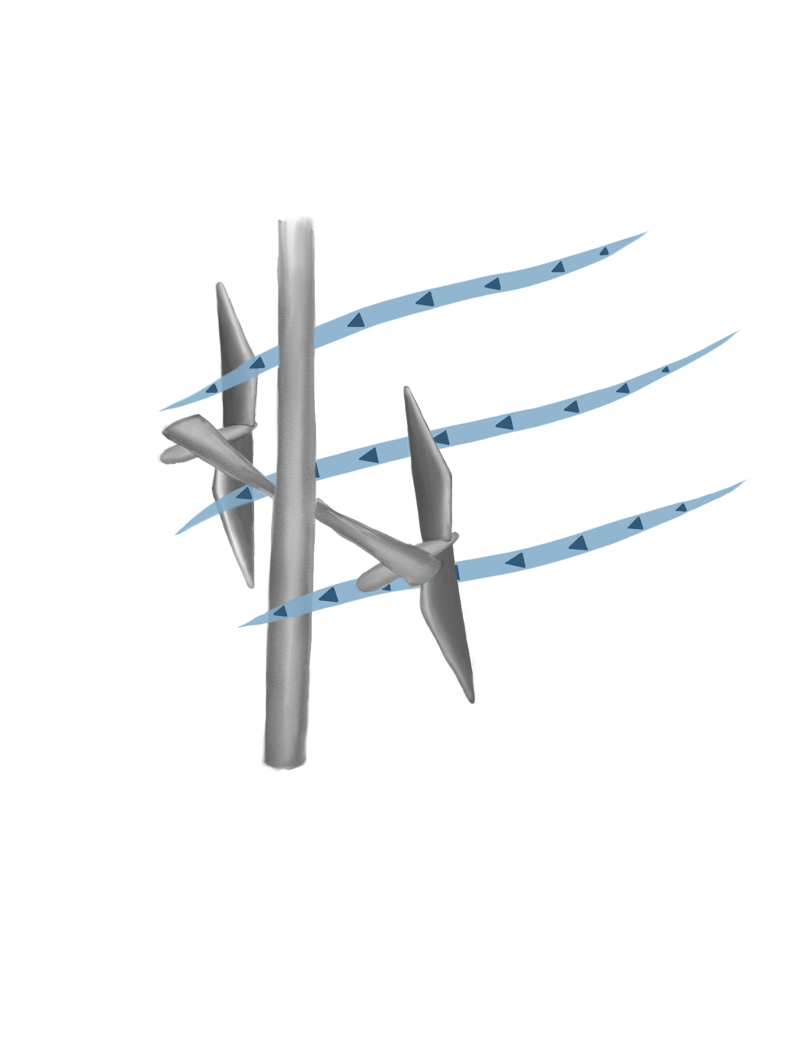 illustrated double axial flow turbine displaying how water might pass through the blades and create rotation