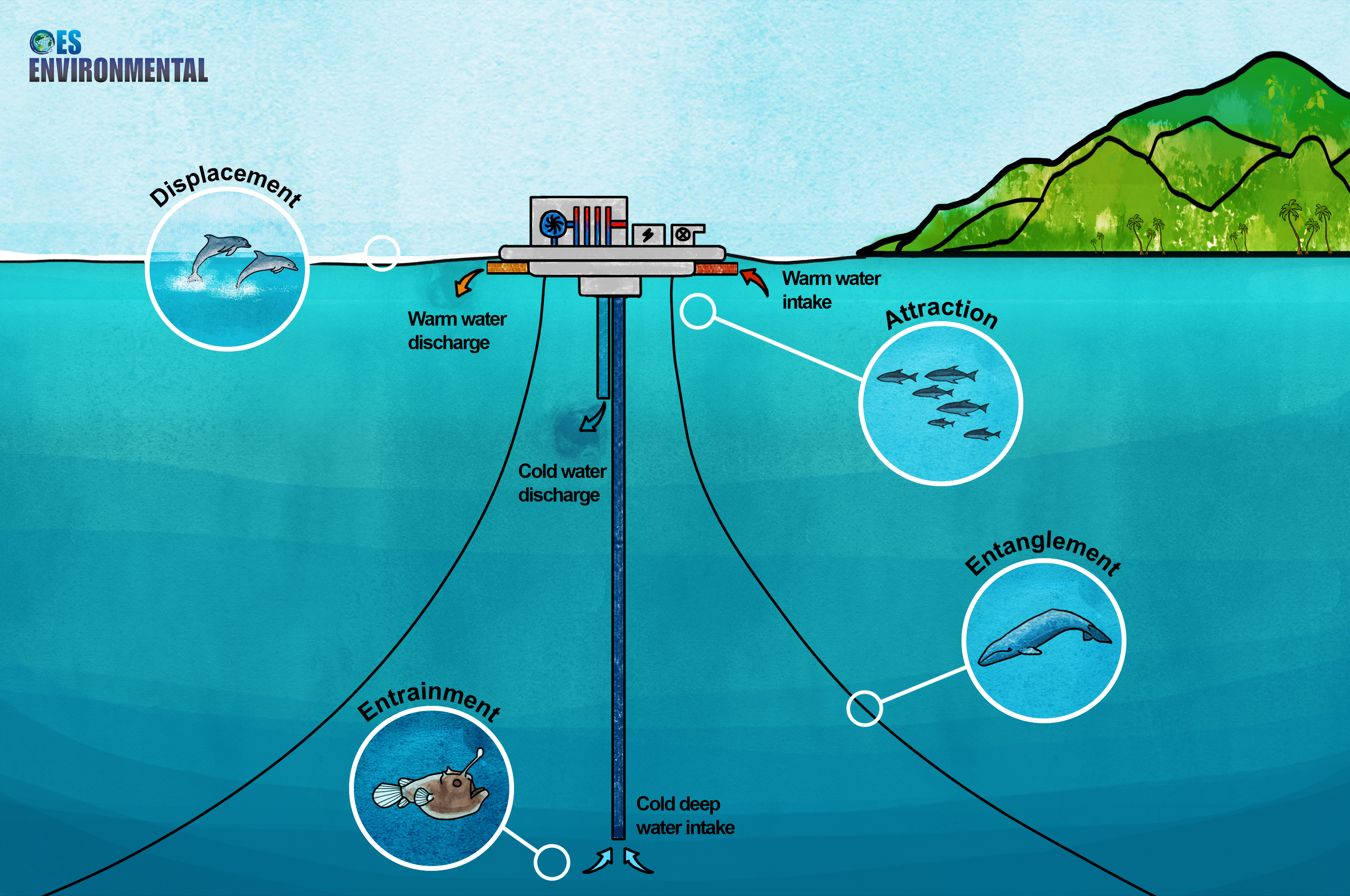 Illustrated underwater scene showing an ocean thermal energy conversion device and risks local marine life might experience through encounters with the device