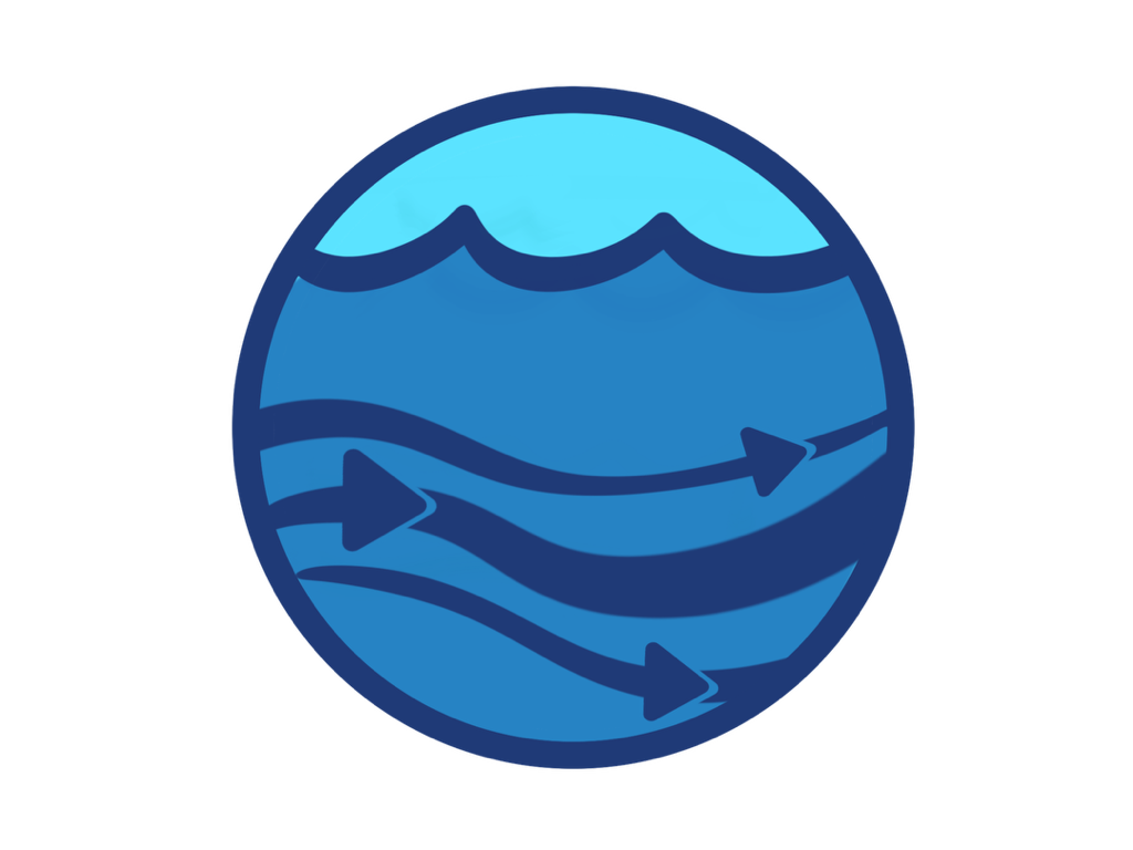 Circular blue icon showing ocean currents under the surface of the water