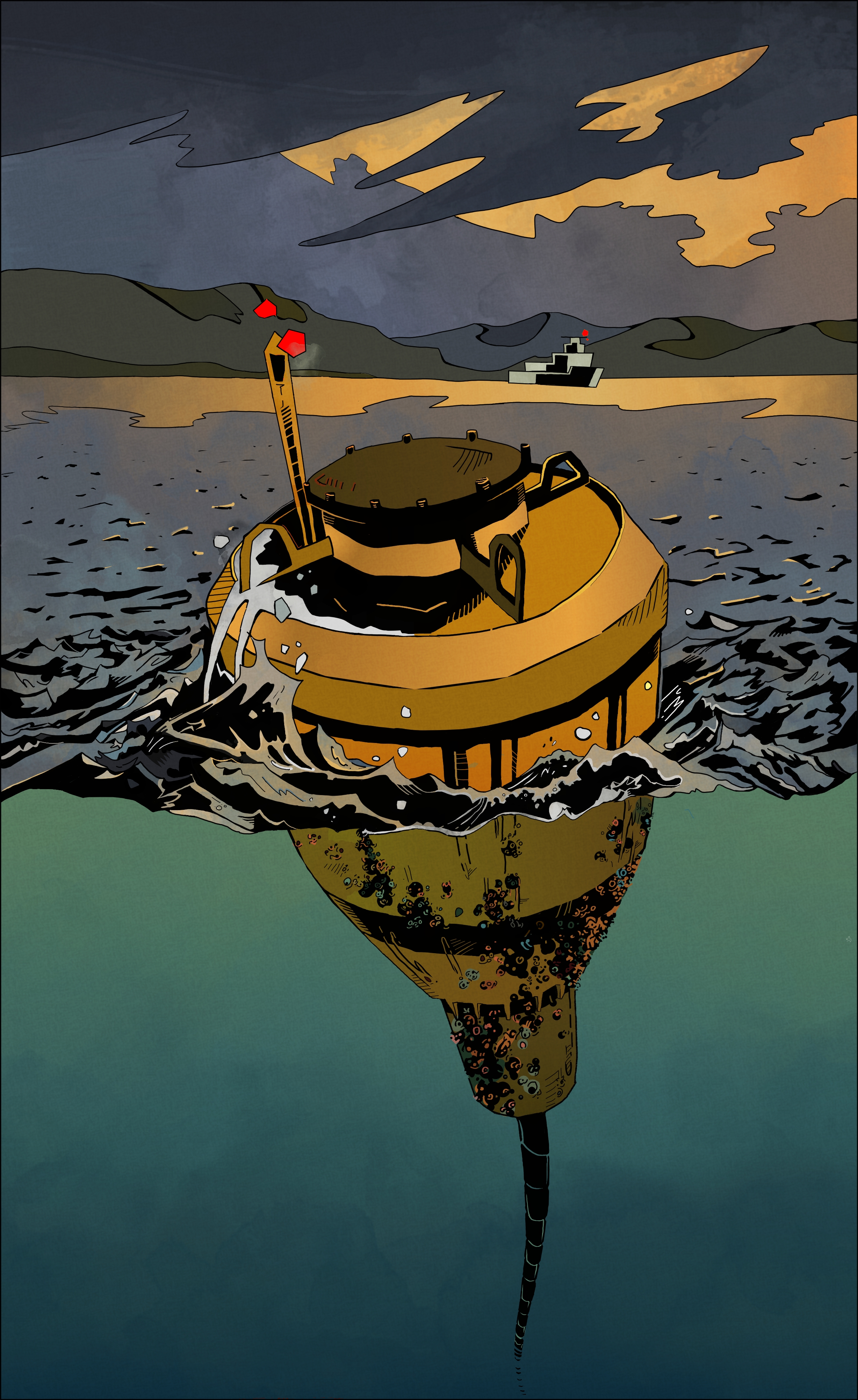 This one body wave energy converters shows a wave energy converter that has been deployed and is growing barnacles