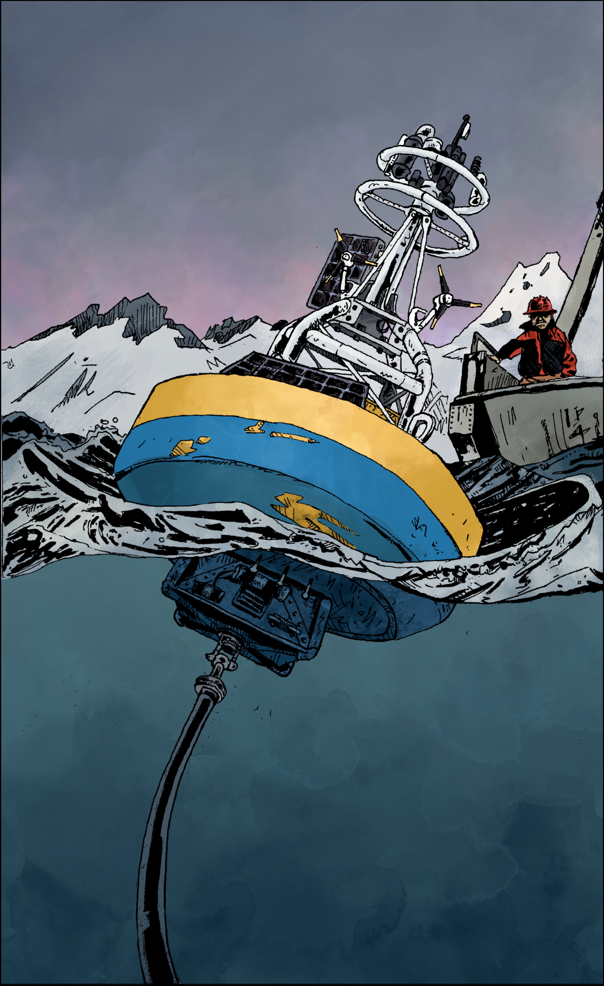 This image shows a wave energy converter being deployed by a researcher for ocean observation