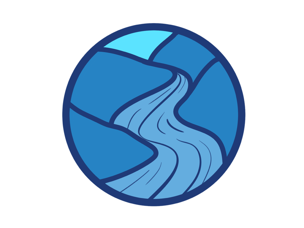 Circular blue icon showing a river flowing between hills