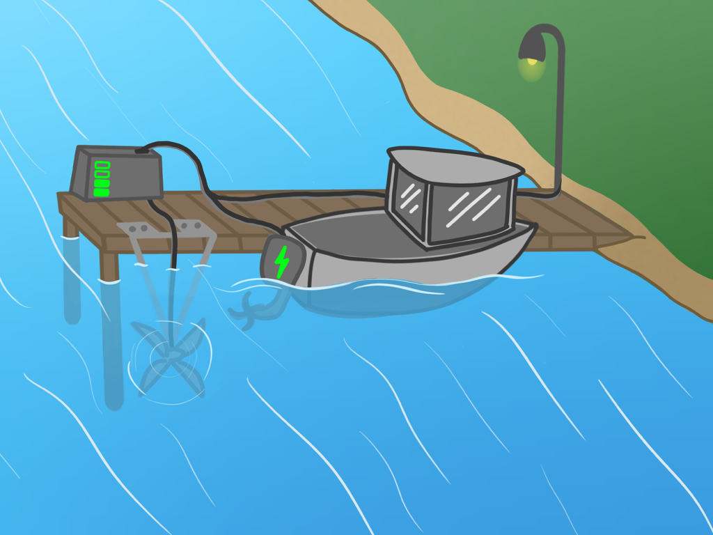 Illustrated small scale marine energy scene showing a turbine mounted on a dock charging a boat and lamp post with the flowing water