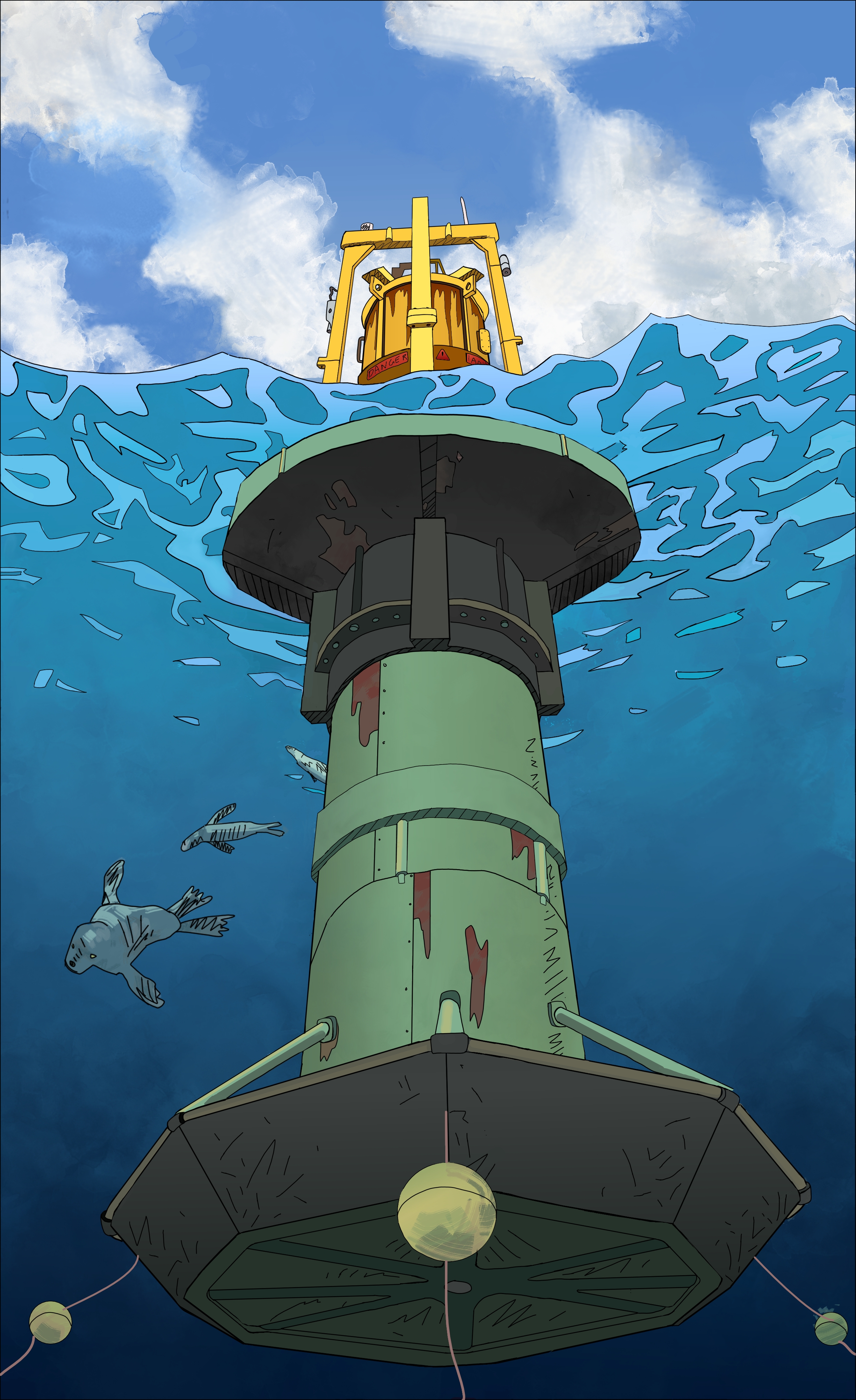 This image shows a two body wave energy converter that is joined by two seals diving around it