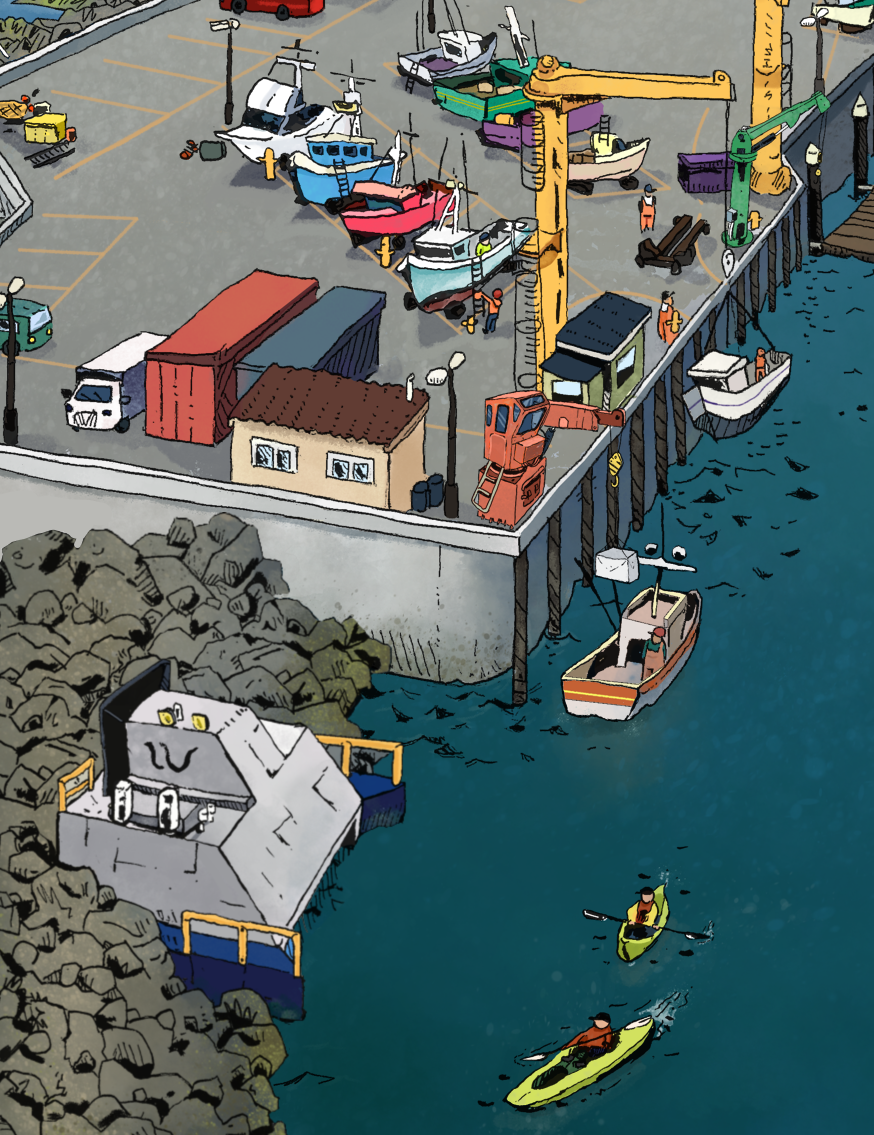 A wave swell WEC is built into a jetty adjacent a working waterfront (Port Orford, OR).  Kayaks, fishermen, and hoists operate nearby.