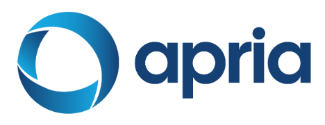 blue and white logo with apria on the right