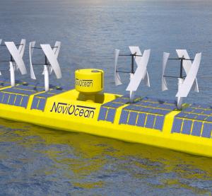 Rendered image of a narrow yellow WEC platform with wind and solar converters attached on top