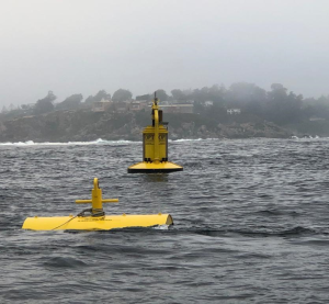 two yellow floating structures in the foggy coastal environment, the PowerBuoy in the background