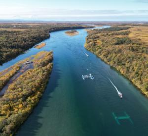 ORPC RivGen® devices (one submerged and the other on station), Kvichak River, Igiugig, Alaska, 2023, credit Igiugig Village Council