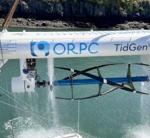 ORPC Single Turbine TidGen® device prior to testing, Eastport, Maine, 2023. Credit ORPC