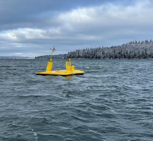 Small yellow WEC prototype floats just offshore from the snow-blanketed forests of Castine, Maine
